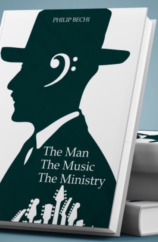 The Philip Bechi book cover: a silhouette in a hat with a bass clef, above guitar shapes
